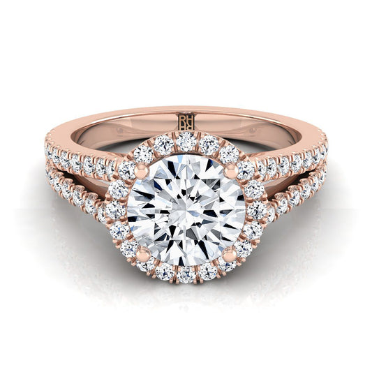 Round Brilliant, Split Shank Pavé Halo Round, in 14K Rose Gold | RockHer