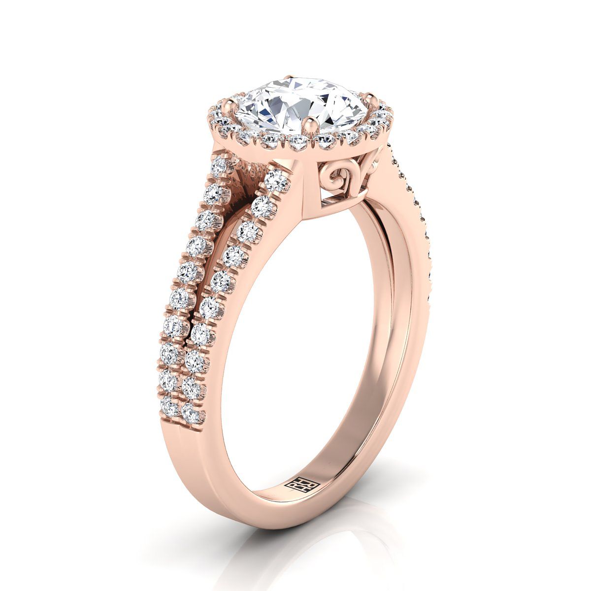 Round Brilliant, Split Shank Pavé Halo Round, in 14K Rose Gold – side profile | RockHer