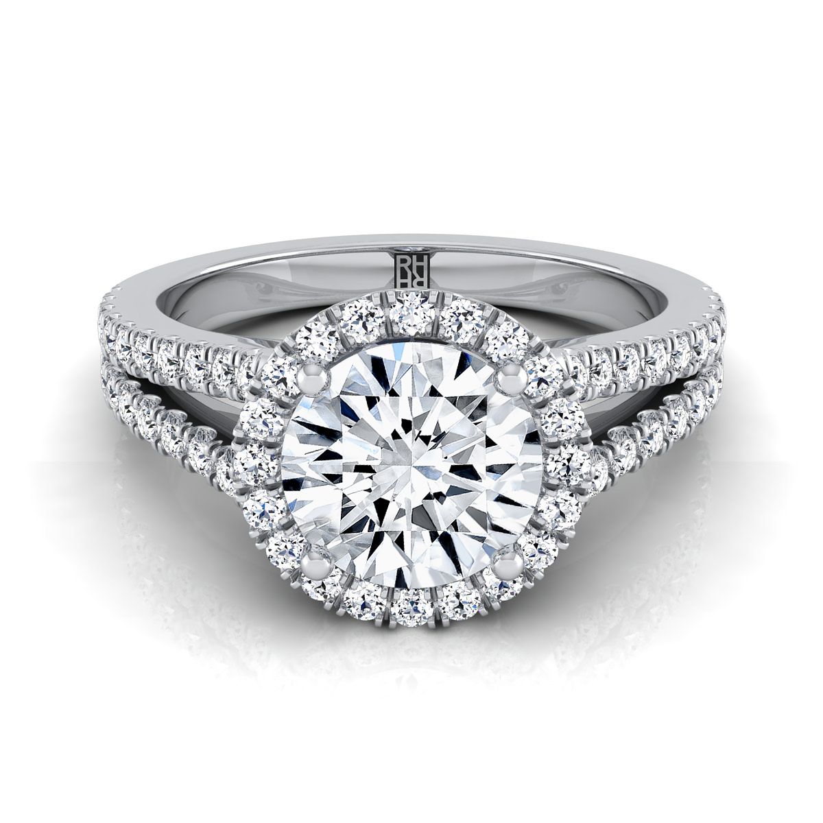 Round Brilliant, Split Shank Pavé Halo Round, in 18K White Gold, pave setting – view 8 | RockHer