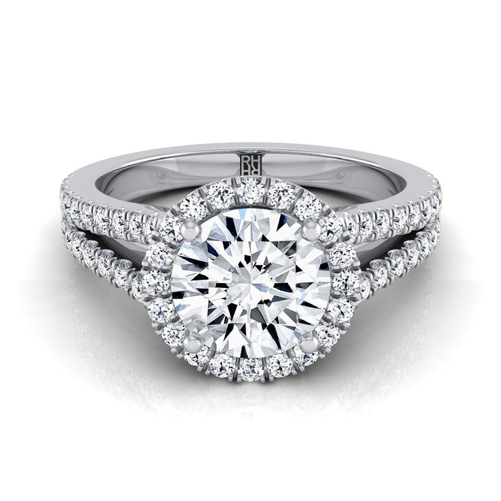 Round Brilliant, Split Shank Pavé Halo Round, in 18K White Gold, pave setting – view 8 | RockHer