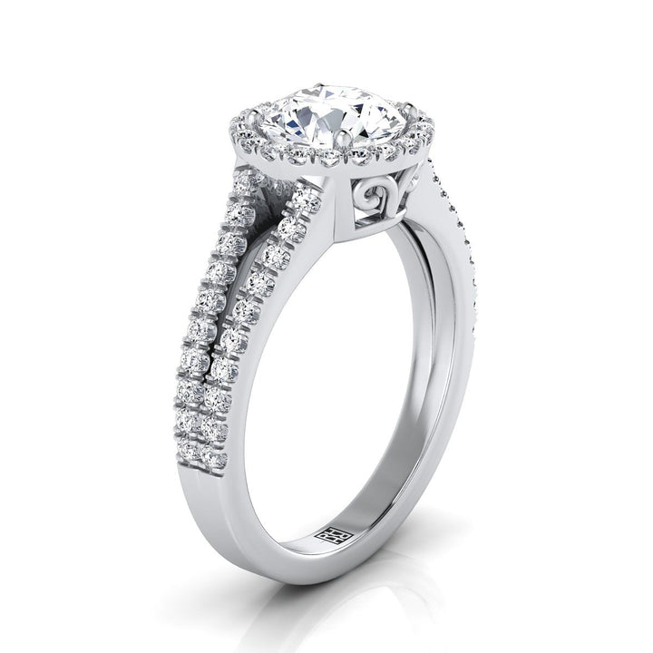 Round Brilliant, Split Shank Pavé Halo Round, in 18K White Gold, pave setting – view 9 | RockHer