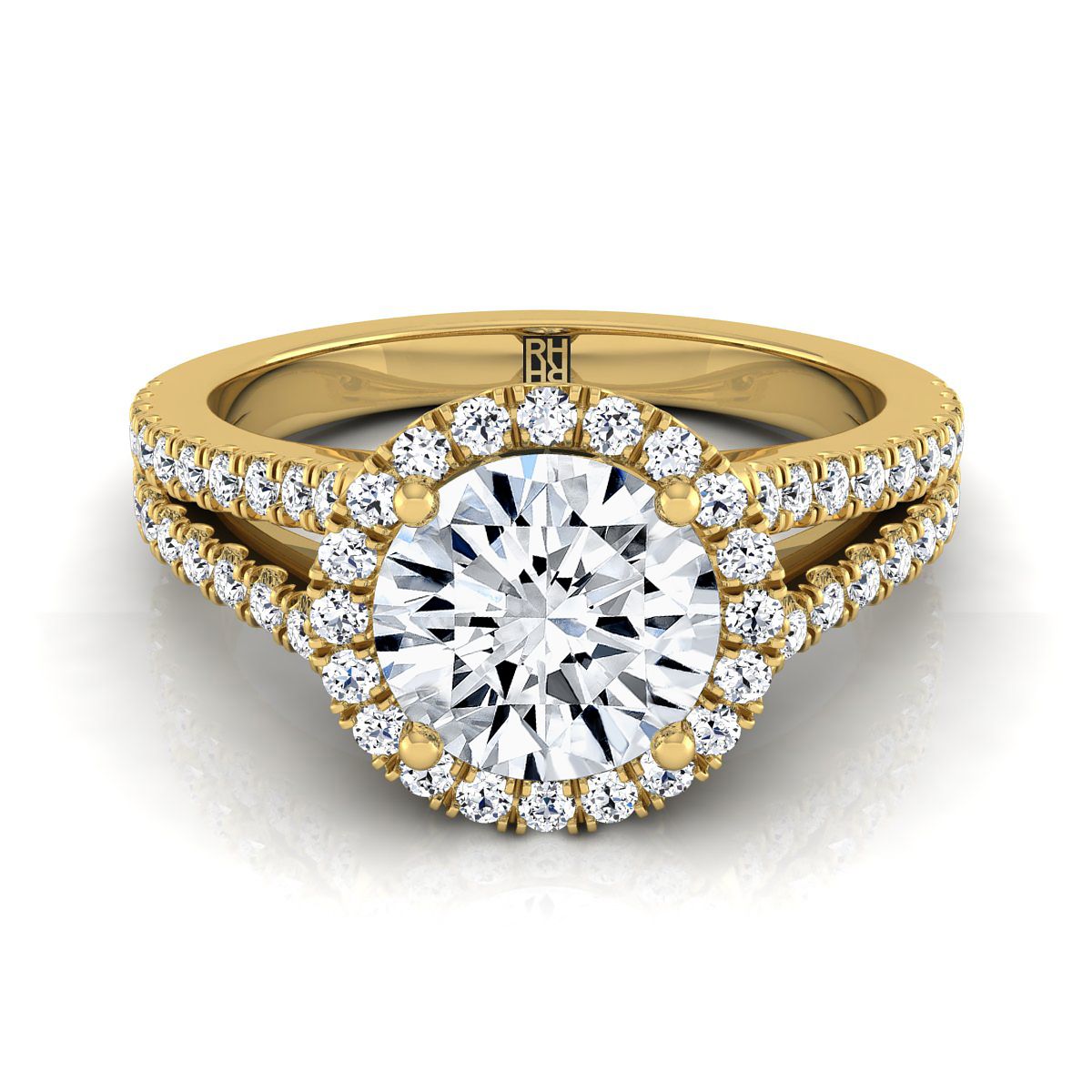 Round Brilliant, Split Shank Pavé Halo Round, in 18K Yellow Gold, pave setting – view 8 | RockHer