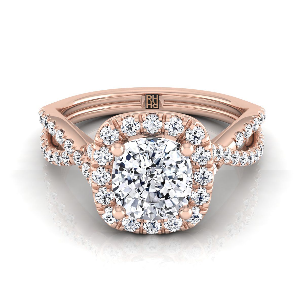 Twisted Scalloped Pavé Halo Cushion, in 14K Rose Gold, pave setting | RockHer