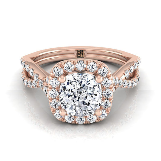 Twisted Scalloped Pavé Halo Cushion, in 14K Rose Gold, pave setting | RockHer