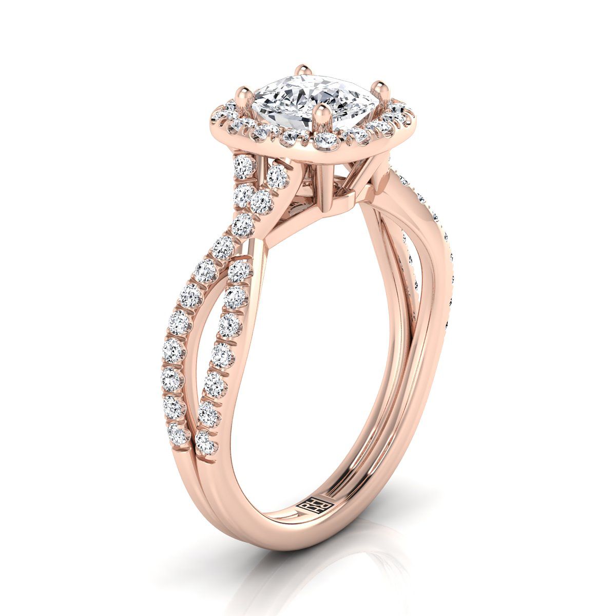Twisted Scalloped Pavé Halo Cushion, in 14K Rose Gold, pave setting – side profile | RockHer