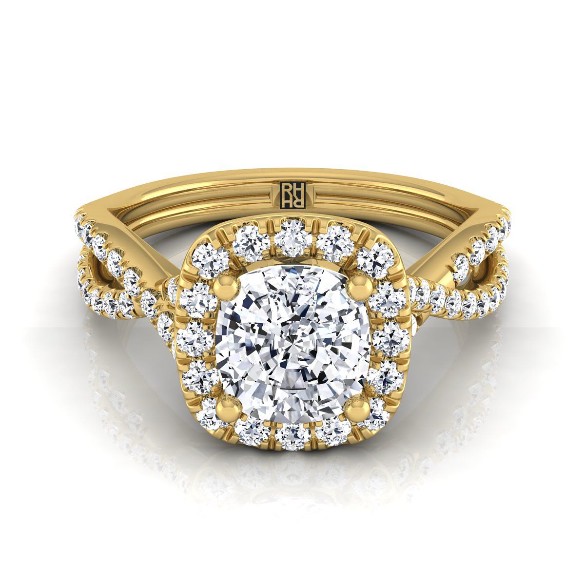 Twisted Scalloped Pavé Halo Cushion, in 18K Yellow Gold, pave setting | RockHer