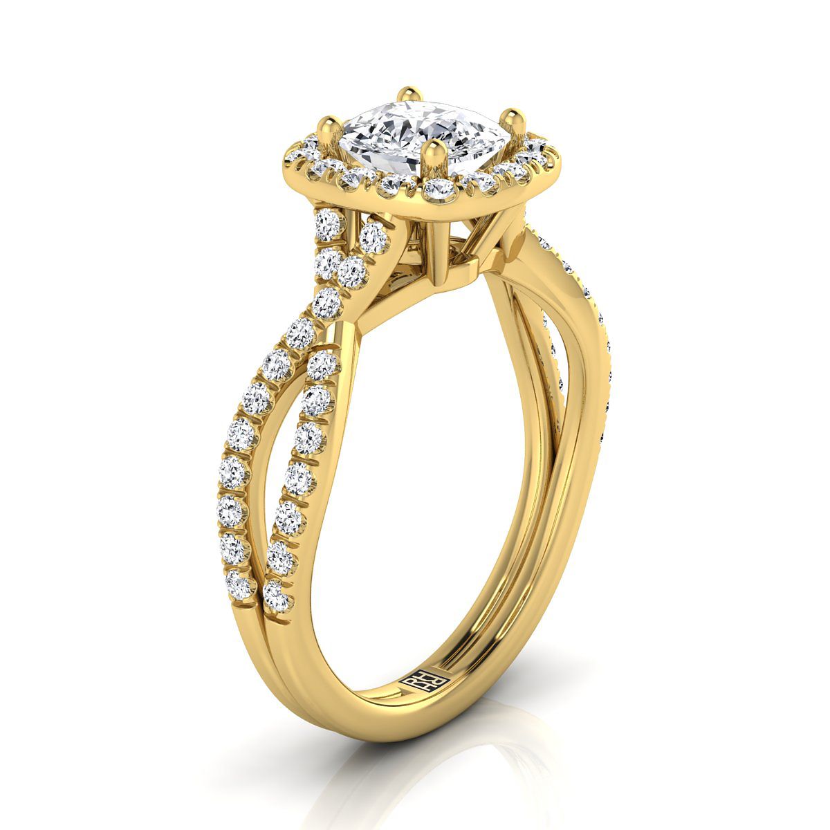 Twisted Scalloped Pavé Halo Cushion, in 18K Yellow Gold, pave setting – side profile | RockHer