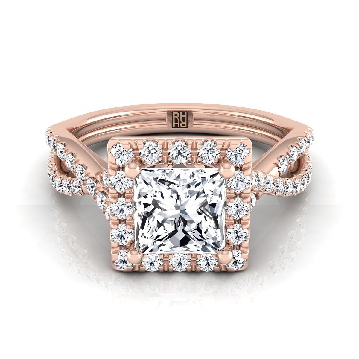 Twisted Scalloped Pavé Halo Princess, in 14K Rose Gold, pave setting | RockHer