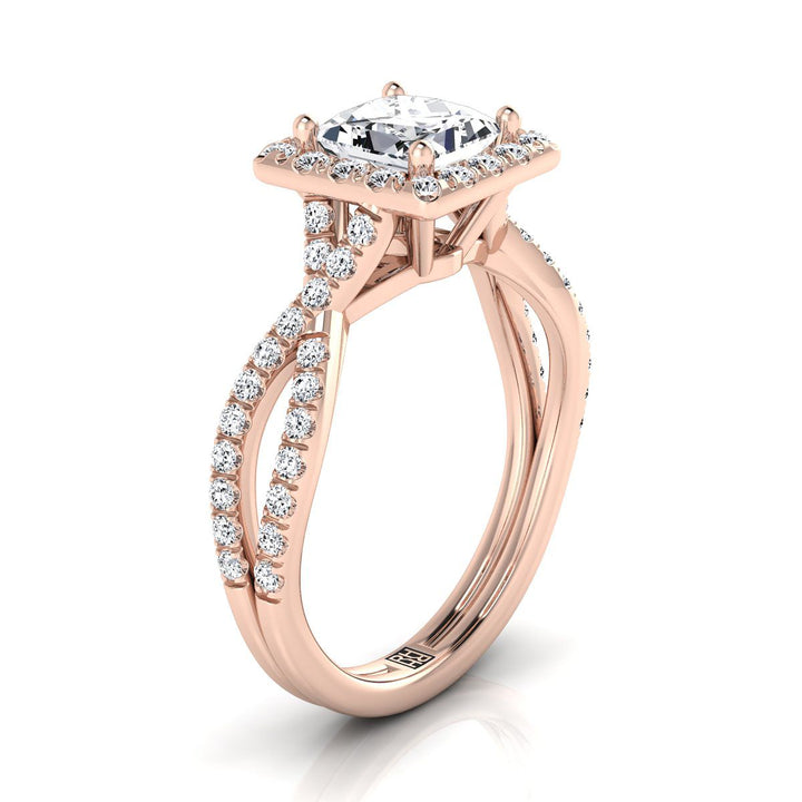 Twisted Scalloped Pavé Halo Princess, in 14K Rose Gold, pave setting – side profile | RockHer