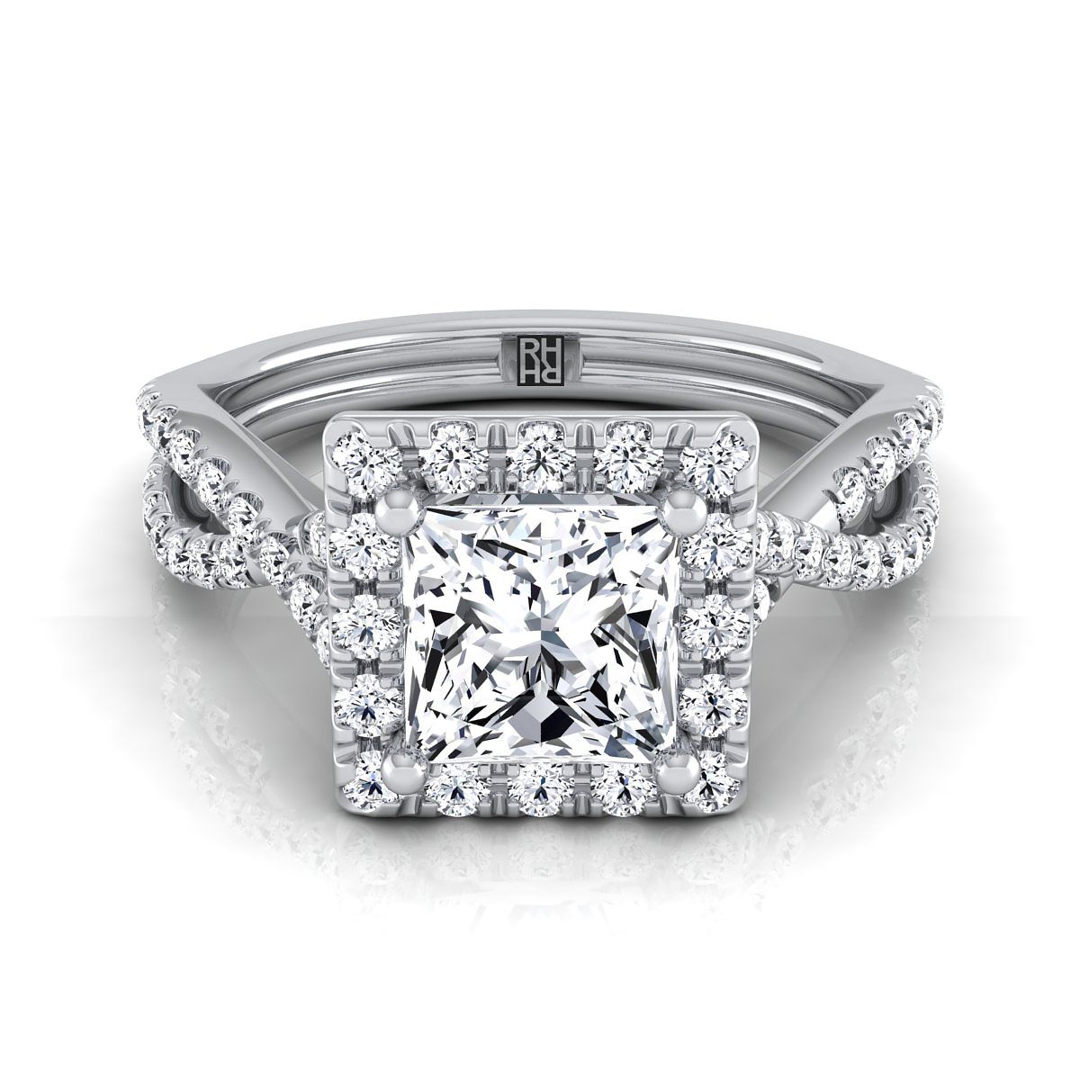Twisted Scalloped Pavé Halo Princess, in Platinum, pave setting | RockHer