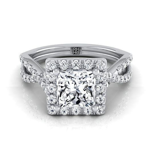 Twisted Scalloped Pavé Halo Princess, in 18K White Gold, pave setting | RockHer