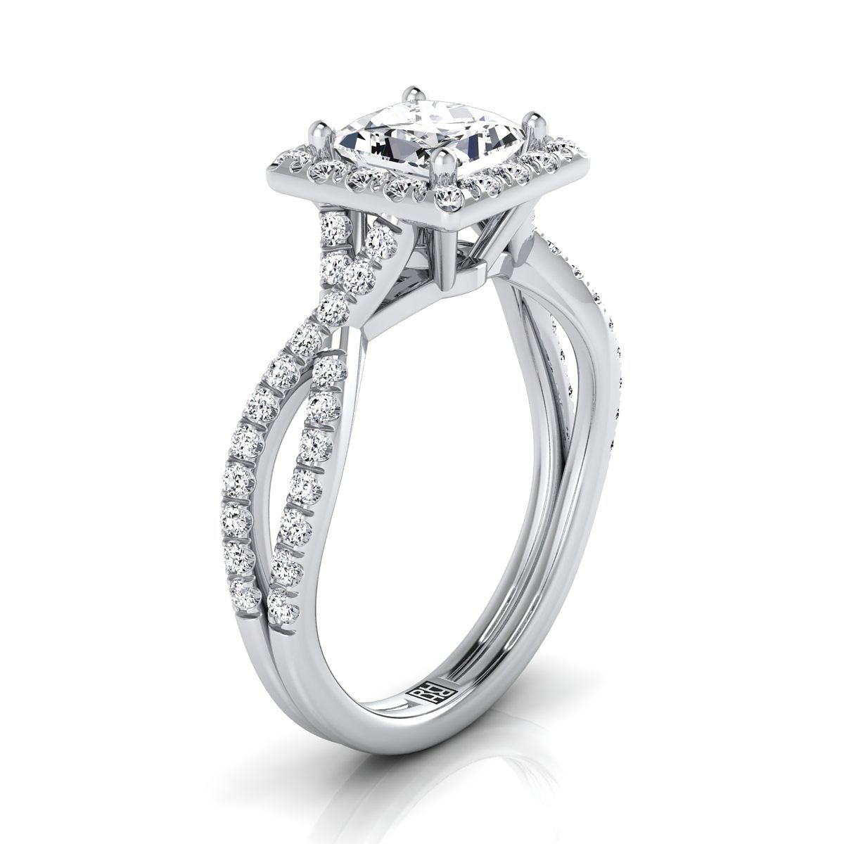 Twisted Scalloped Pavé Halo Princess, in 18K White Gold, pave setting – side profile | RockHer
