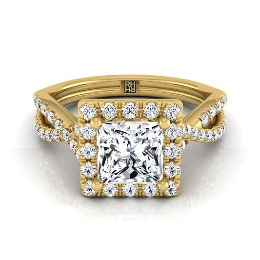 แหวนหมั้นกลางเพชรทรงเจ้าหญิง 14K ทองเหลือง บิดลายขอบหยักแบบปาเว่ - 1/2ctw