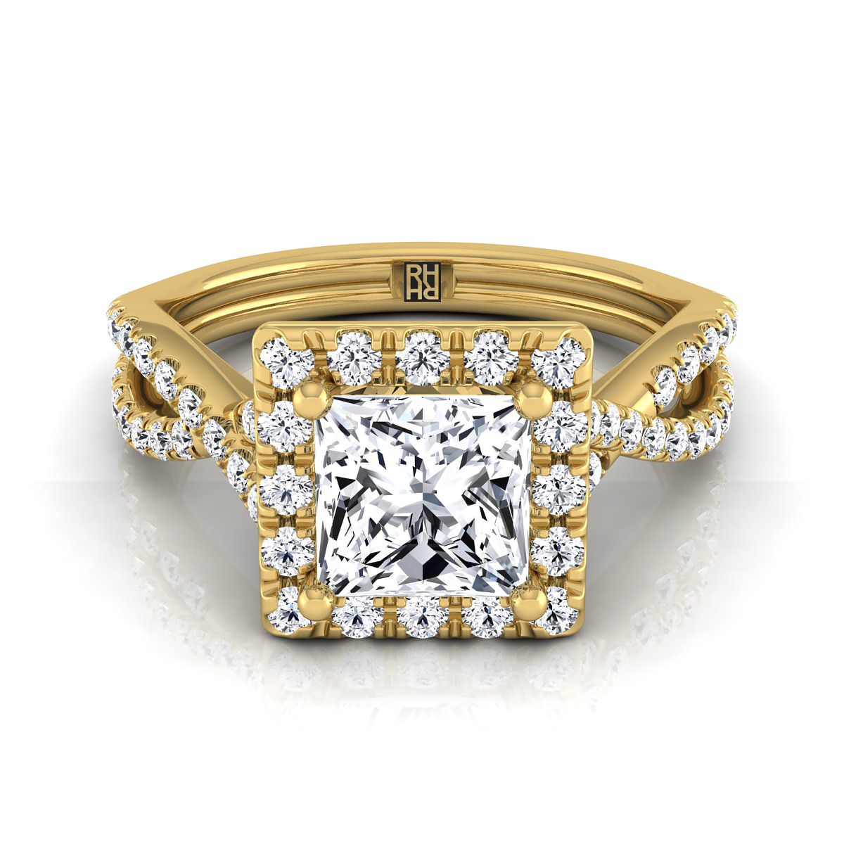Twisted Scalloped Pavé Halo Princess, in 18K Yellow Gold, pave setting | RockHer
