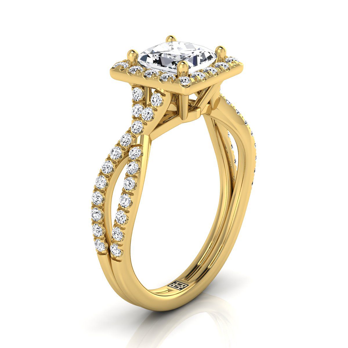 Twisted Scalloped Pavé Halo Princess, in 18K Yellow Gold, pave setting – side profile | RockHer
