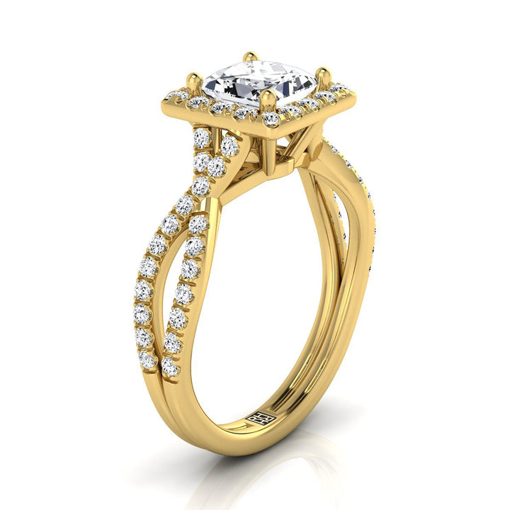 Twisted Scalloped Pavé Halo Princess, in 18K Yellow Gold, pave setting – side profile | RockHer
