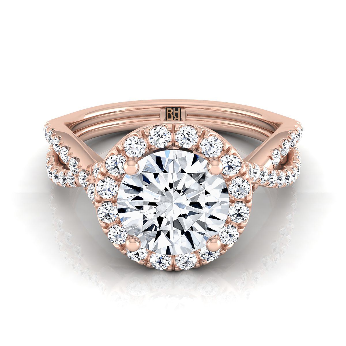 Round Brilliant, Twisted Scalloped Pavé Halo, in 14K Rose Gold | RockHer