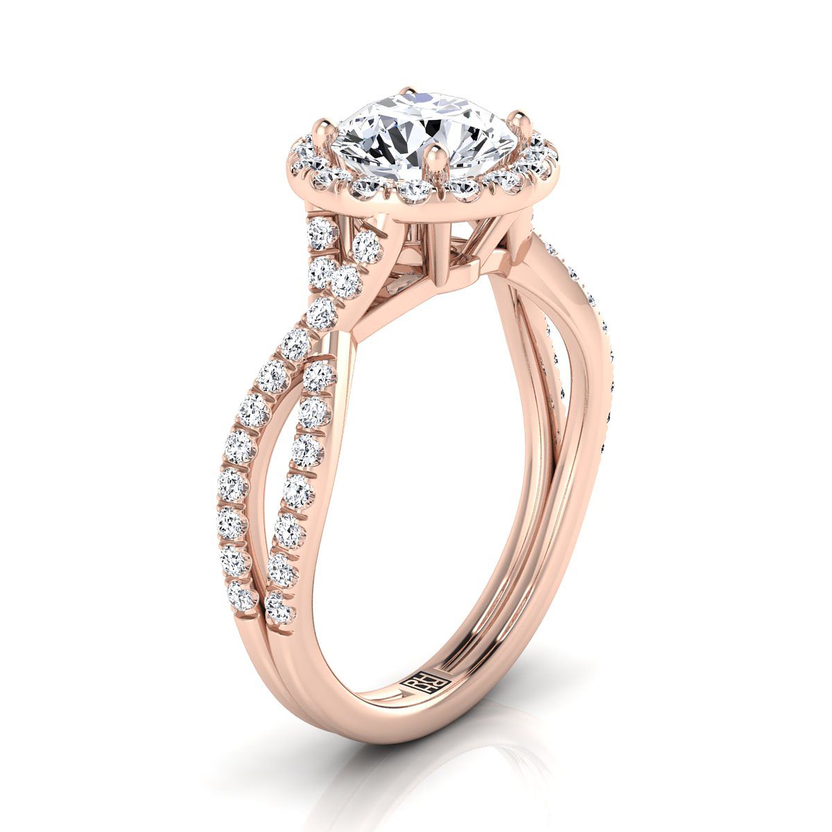Round Brilliant, Twisted Scalloped Pavé Halo, in 14K Rose Gold – side profile | RockHer