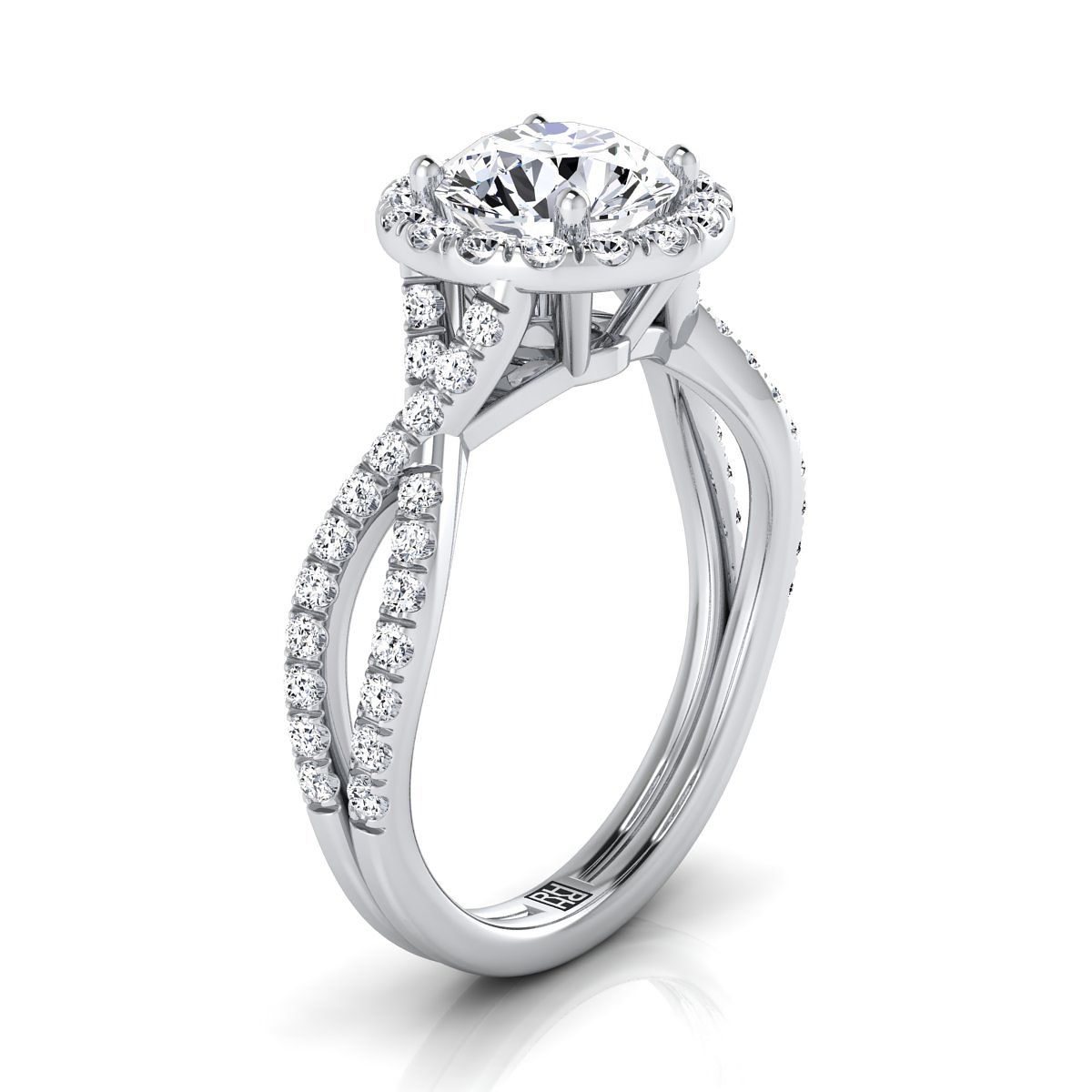 Round Brilliant, Twisted Scalloped Pavé Halo, in 18K White Gold, pave setting – side profile | RockHer