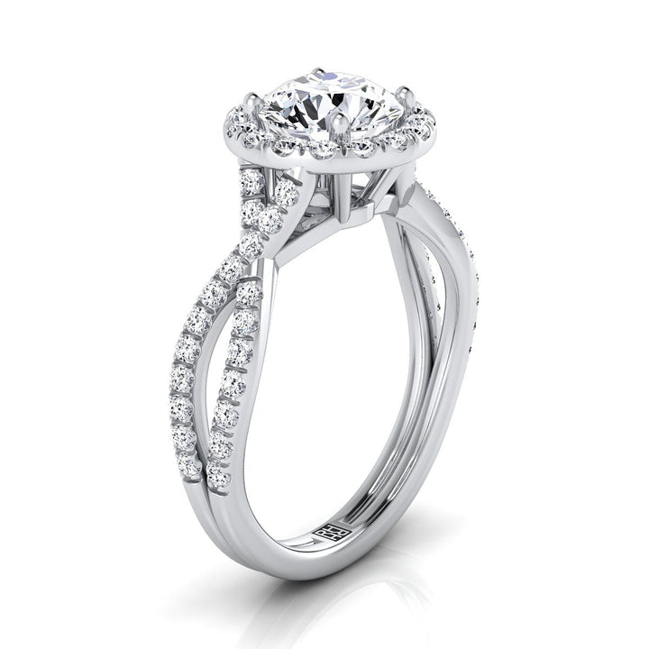 Round Brilliant, Twisted Scalloped Pavé Halo, in 18K White Gold, pave setting – side profile | RockHer