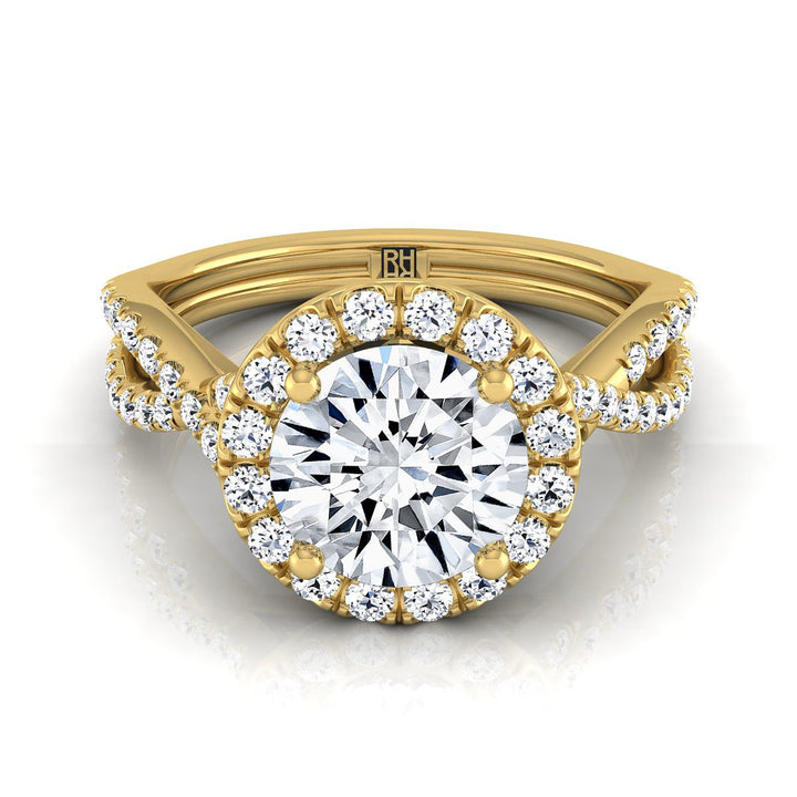 Round Brilliant, Twisted Scalloped Pavé Halo, in 18K Yellow Gold, pave setting – view 8 | RockHer