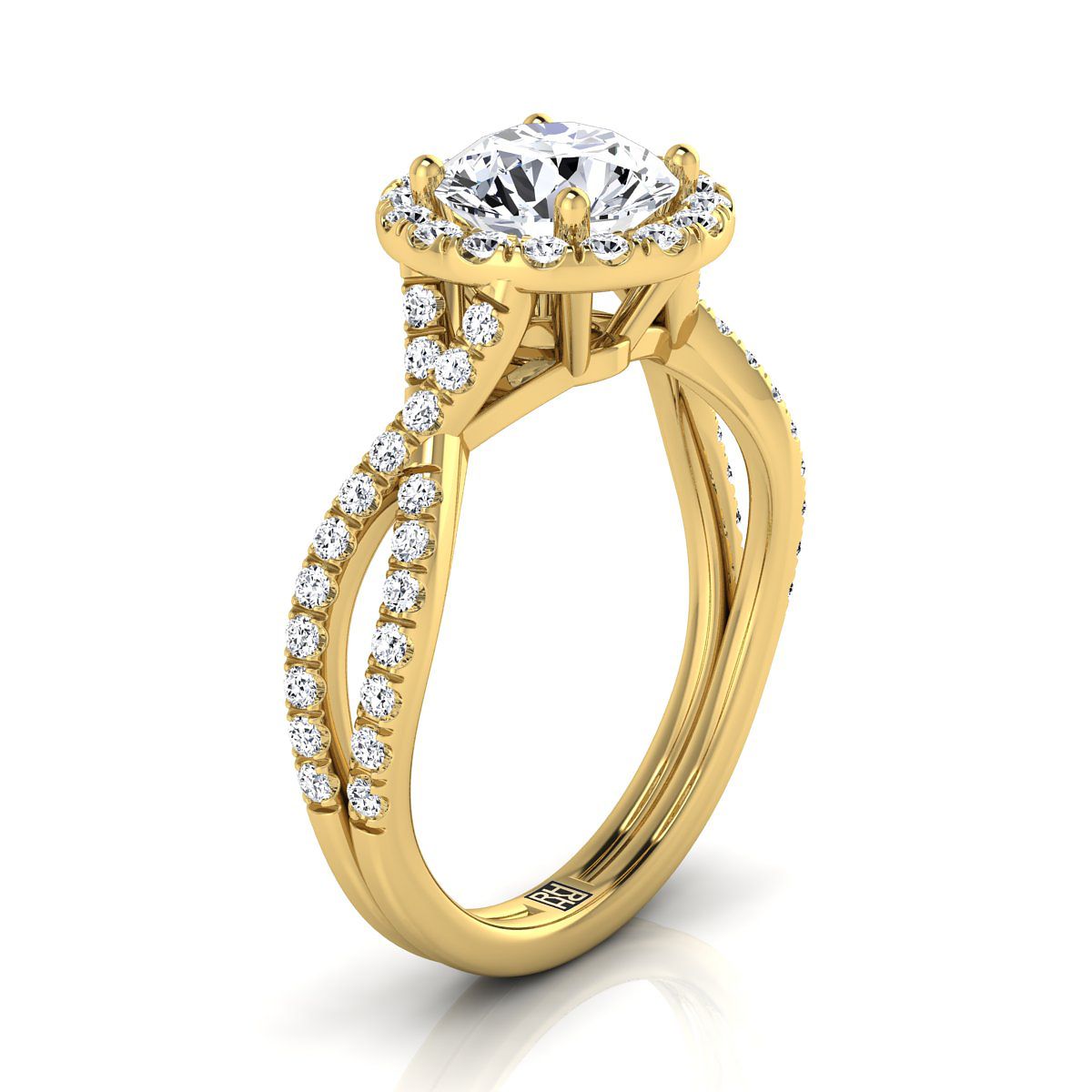 Round Brilliant, Twisted Scalloped Pavé Halo, in 18K Yellow Gold, pave setting – view 9 | RockHer