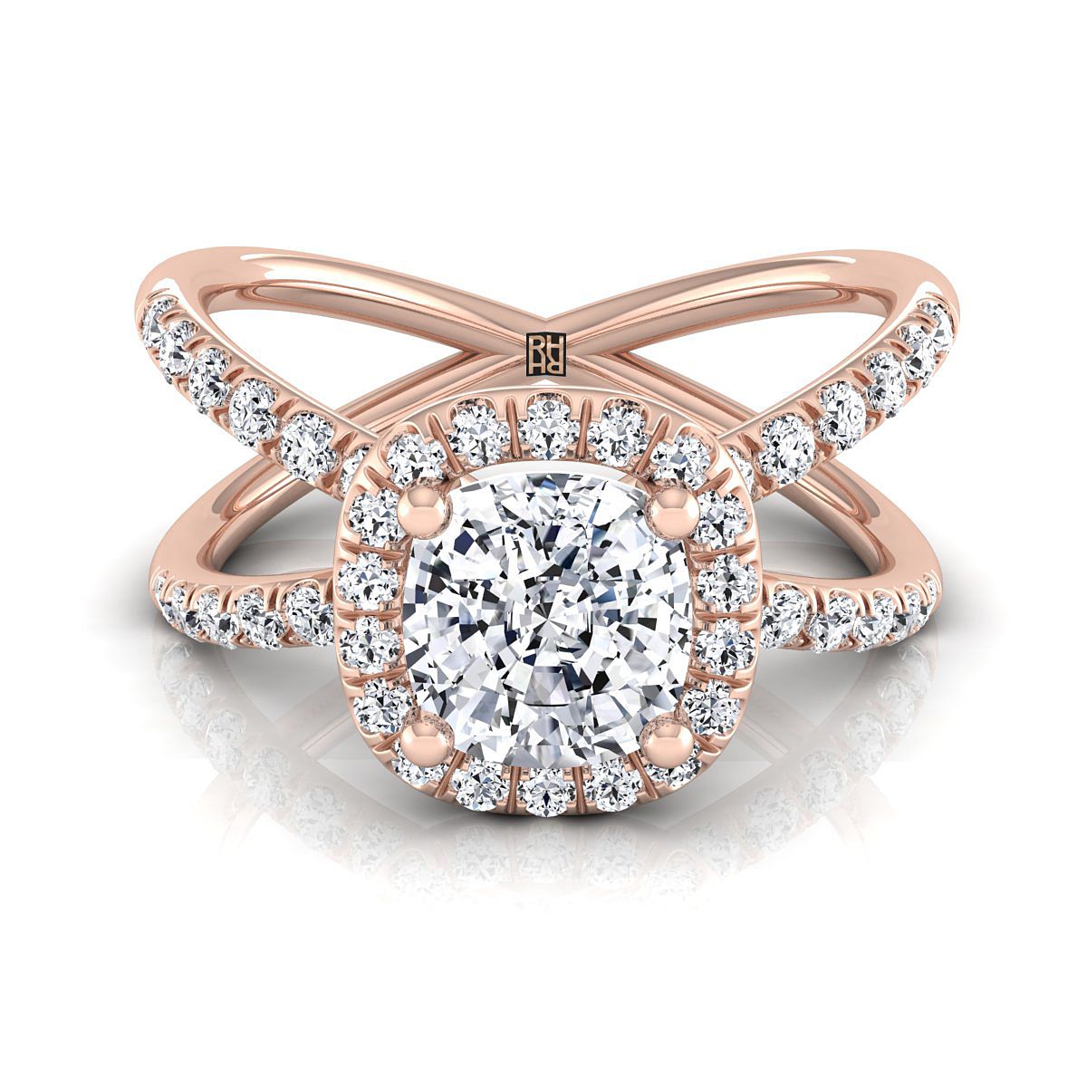 Criss Cross Pavé Halo Cushion, in 14K Rose Gold, pave setting | RockHer