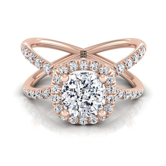 Criss Cross Pavé Halo Cushion, in 14K Rose Gold, pave setting | RockHer