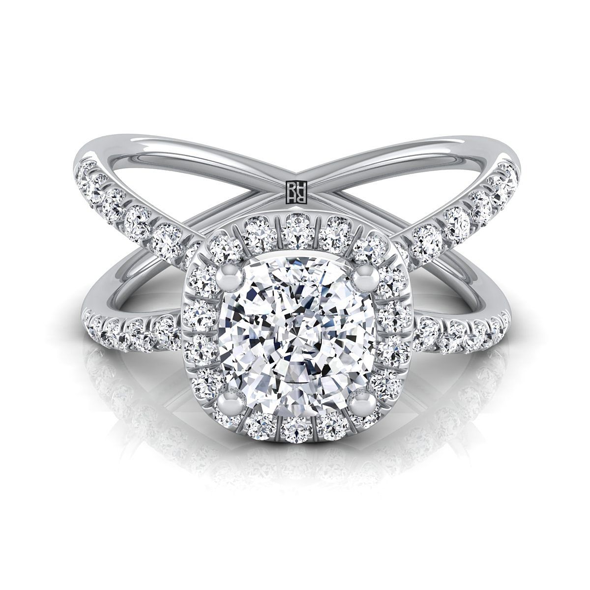 Criss Cross Pavé Halo Cushion, in Platinum, pave setting | RockHer