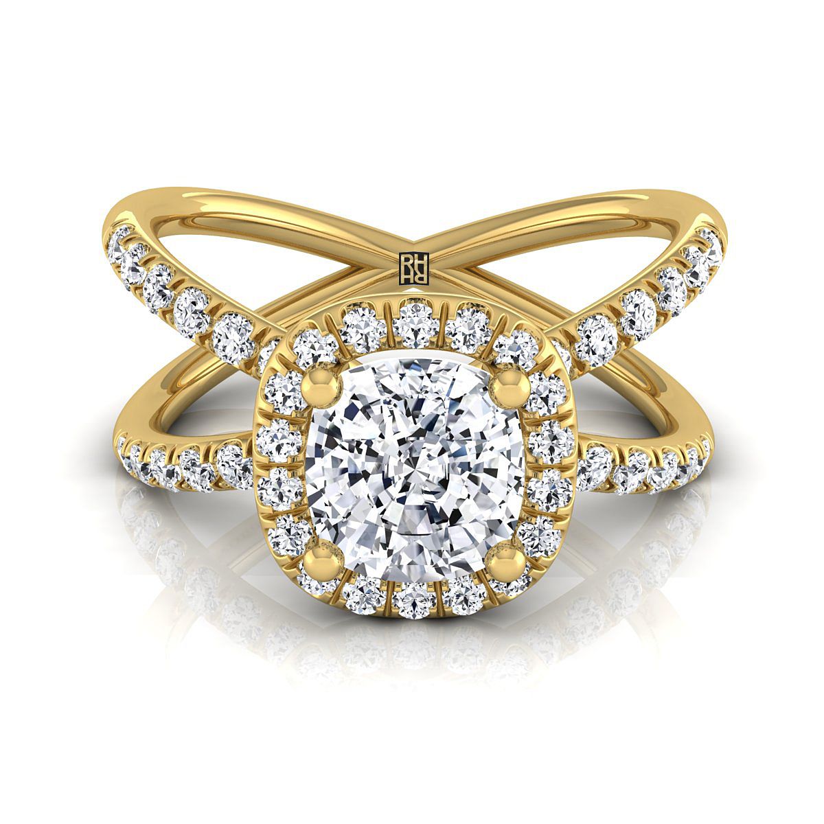 Criss Cross Pavé Halo Cushion, in 18K Yellow Gold, pave setting | RockHer