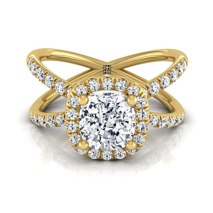 Criss Cross Pavé Halo Cushion, in 18K Yellow Gold, pave setting | RockHer