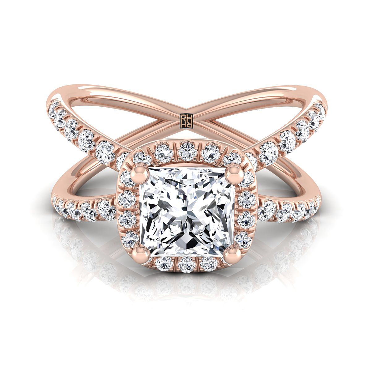 Criss Cross Pavé Halo Princess, in 14K Rose Gold, pave setting | RockHer