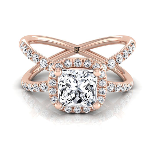 Criss Cross Pavé Halo Princess, in 14K Rose Gold, pave setting | RockHer