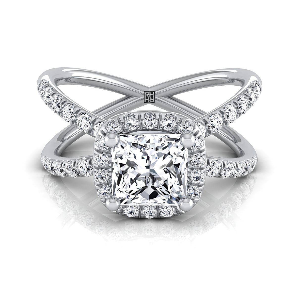 Criss Cross Pavé Halo Princess, in Platinum, pave setting | RockHer