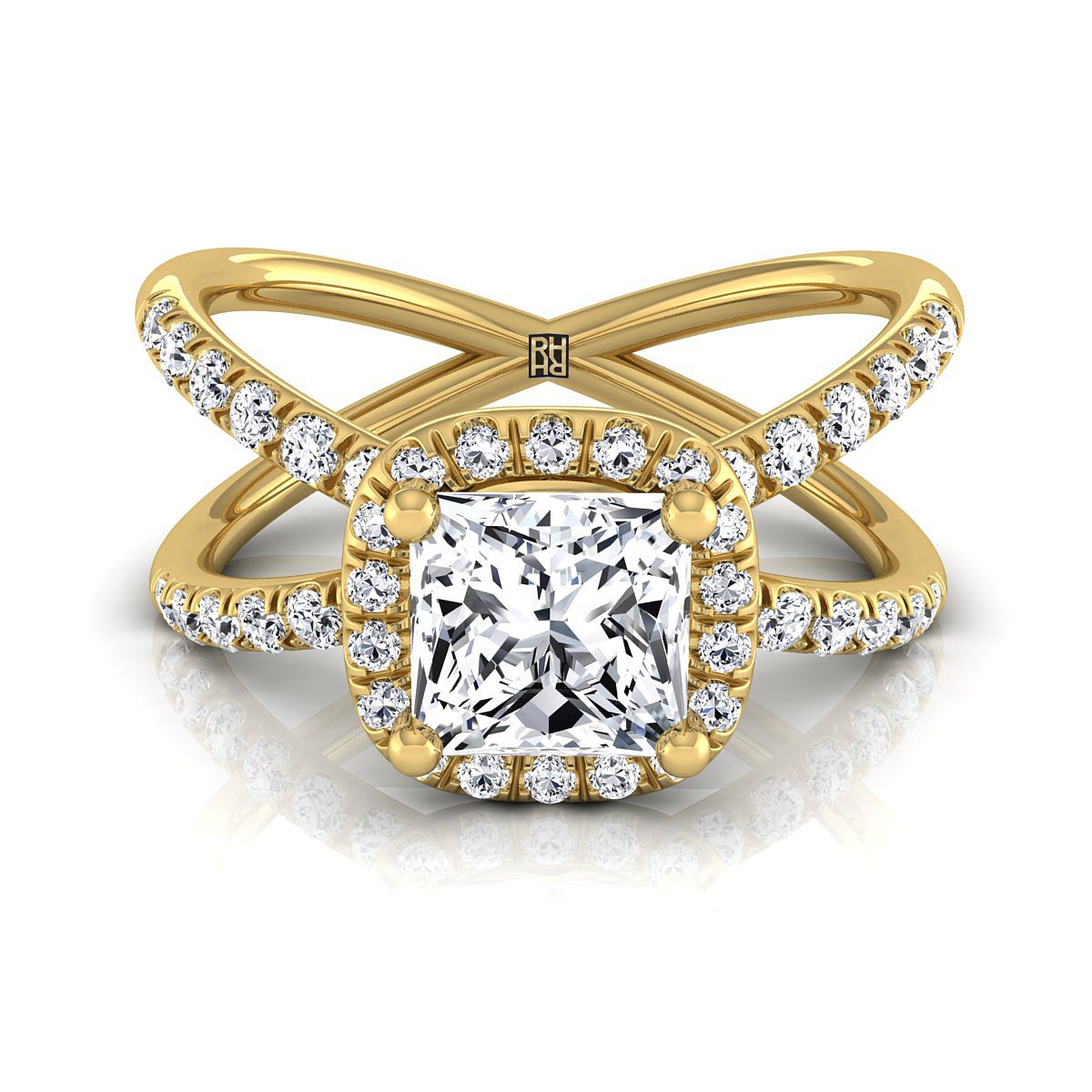 Criss Cross Pavé Halo Princess, in 18K Yellow Gold, pave setting | RockHer