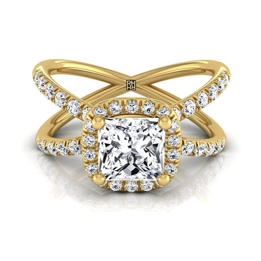Criss Cross Pavé Halo Princess, in 18K Yellow Gold, pave setting | RockHer