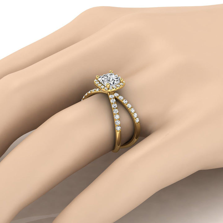 Criss Cross Pavé Halo Princess, in 18K Yellow Gold, pave setting – detail view | RockHer