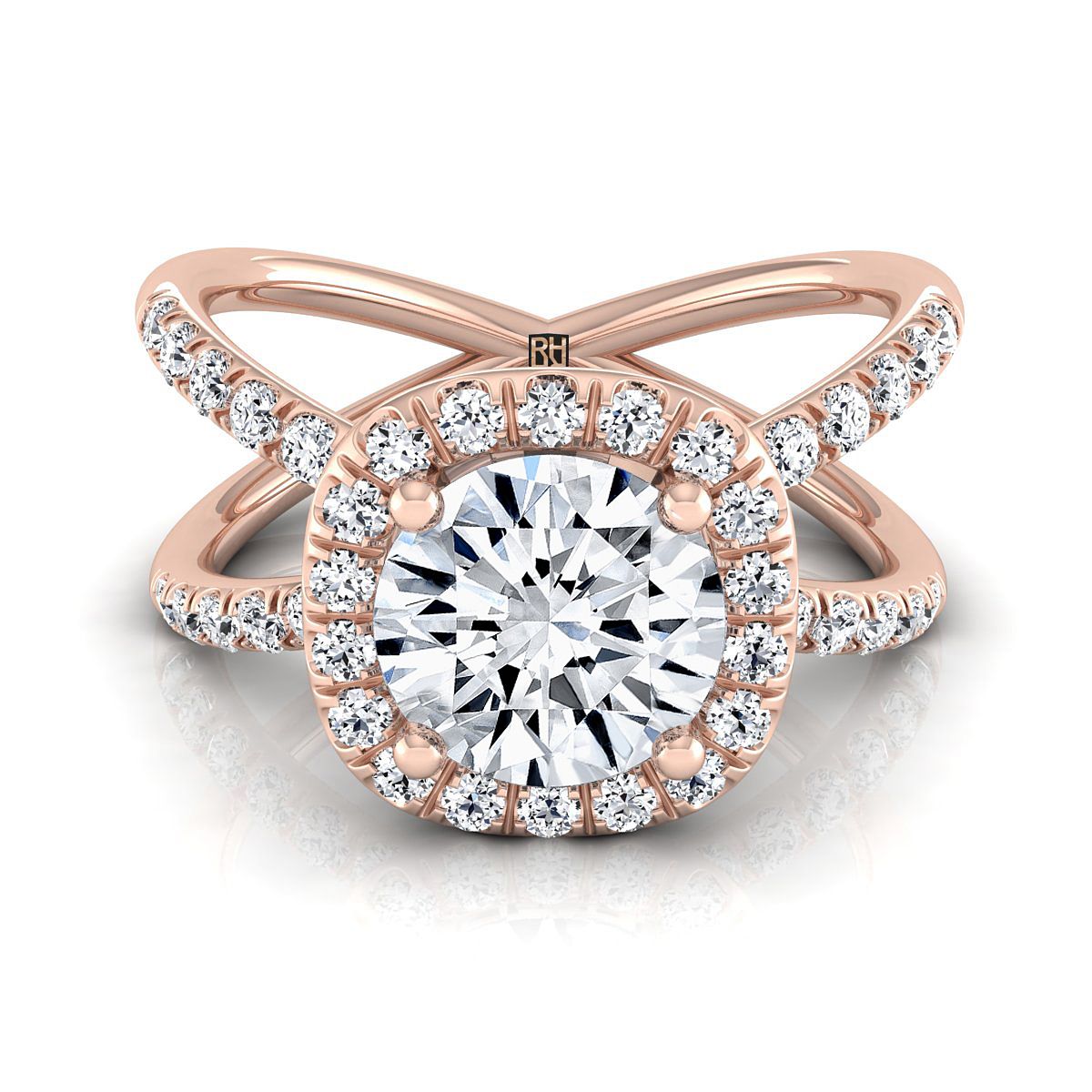 Round Brilliant, Criss Cross Pavé Halo, in 14K Rose Gold | RockHer