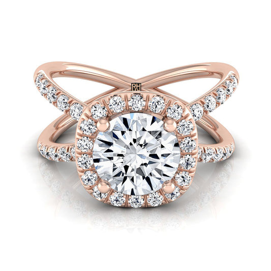 Round Brilliant, Criss Cross Pavé Halo, in 14K Rose Gold | RockHer