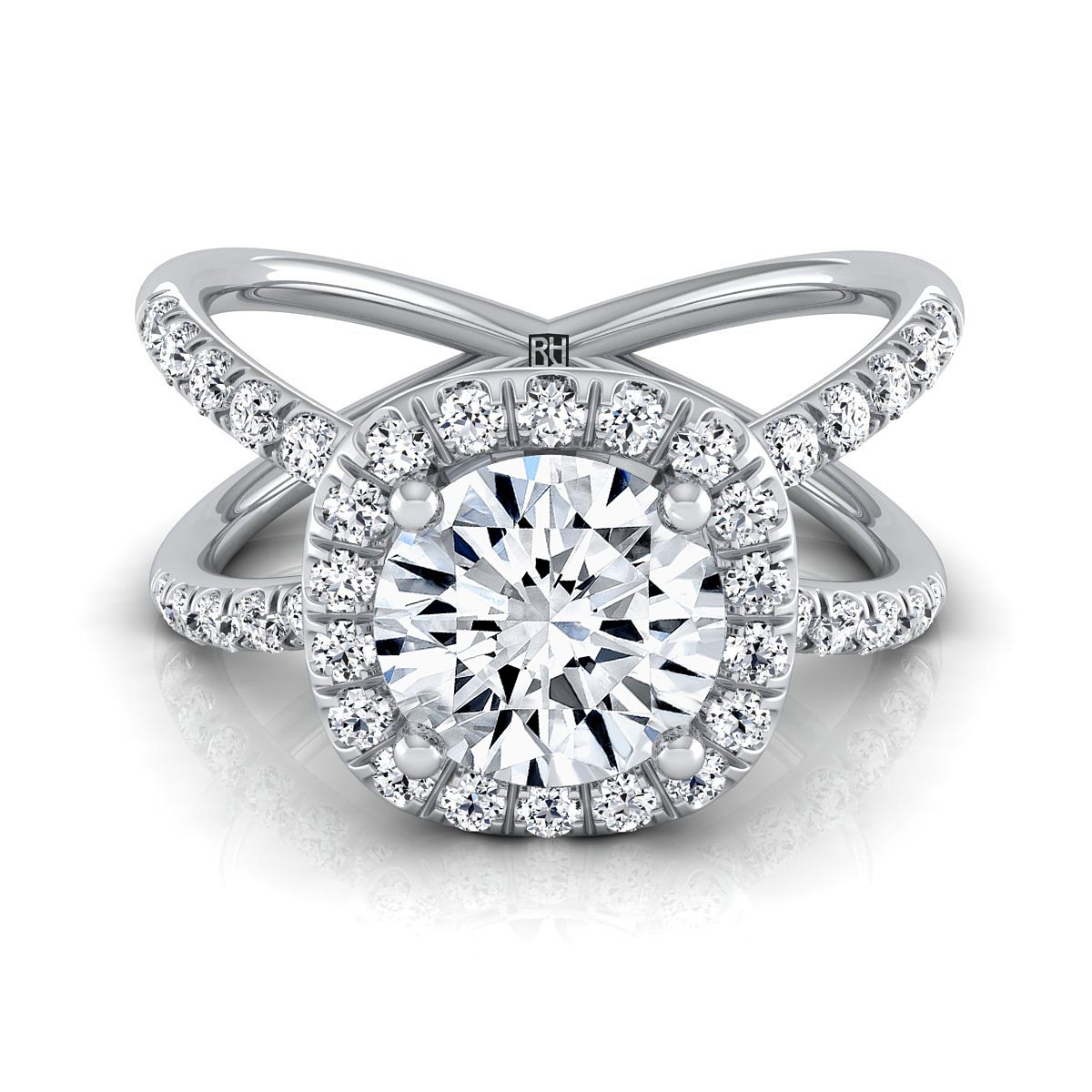 Round Brilliant, Criss Cross Pavé Halo, in Platinum, pave setting – view 8 | RockHer