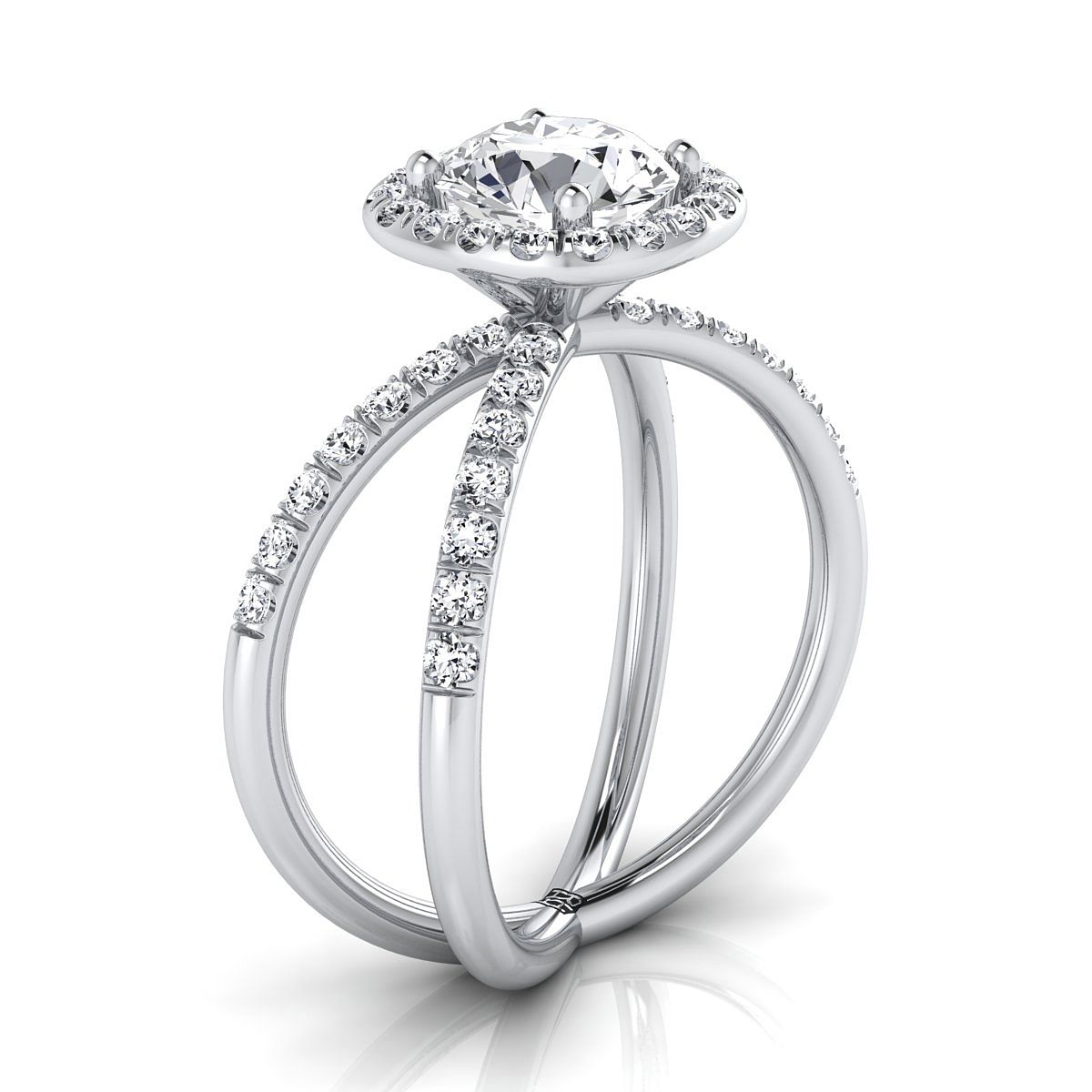 18K White Gold Round Brilliant Diamond Open Criss Cross French Pave Engagement Ring -1/2ctw