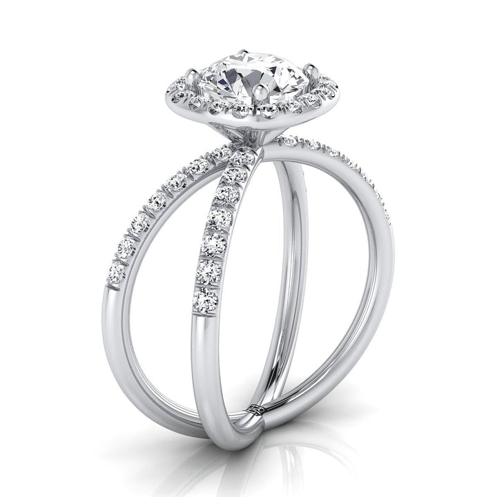 18K White Gold Round Brilliant Diamond Open Criss Cross French Pave Engagement Ring -1/2ctw