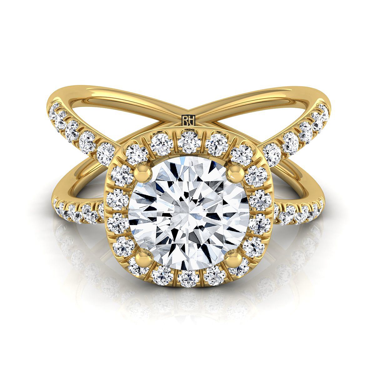 Round Brilliant, Criss Cross Pavé Halo, in 18K Yellow Gold, pave setting | RockHer