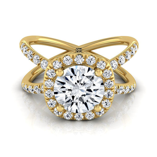 Round Brilliant, Criss Cross Pavé Halo, in 18K Yellow Gold, pave setting | RockHer
