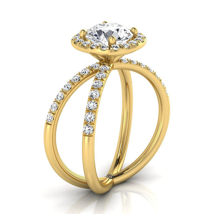 Round Brilliant, Criss Cross Pavé Halo, in 18K Yellow Gold, pave setting – side profile | RockHer