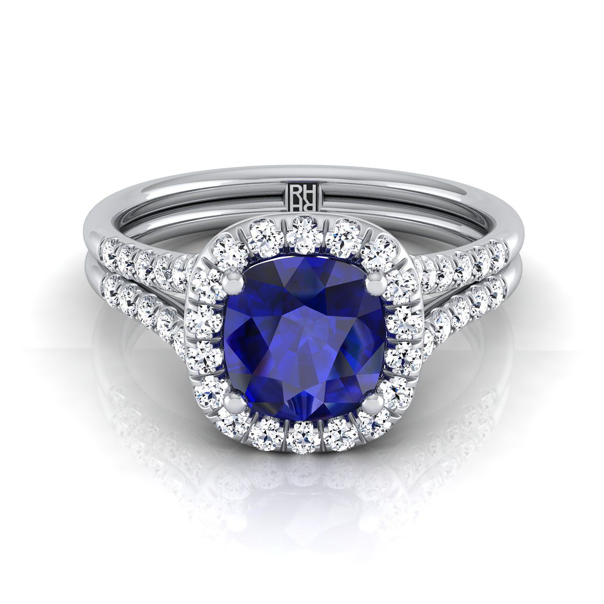 14K White Gold Cushion French Pave Split Shank Halo Engagement Ring -3/8ctw