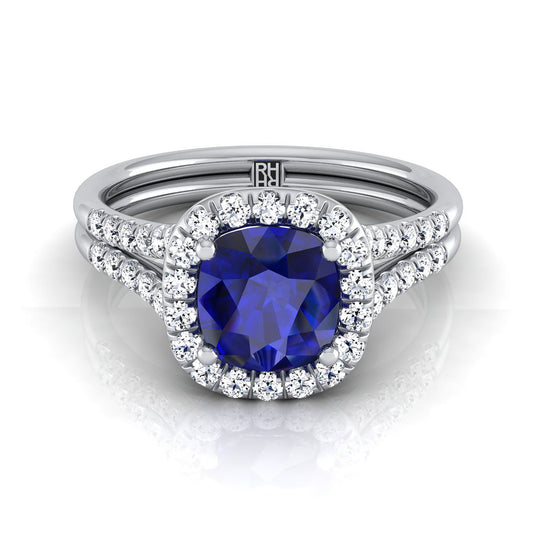 14K White Gold Cushion French Pave Split Shank Halo Engagement Ring -3/8ctw