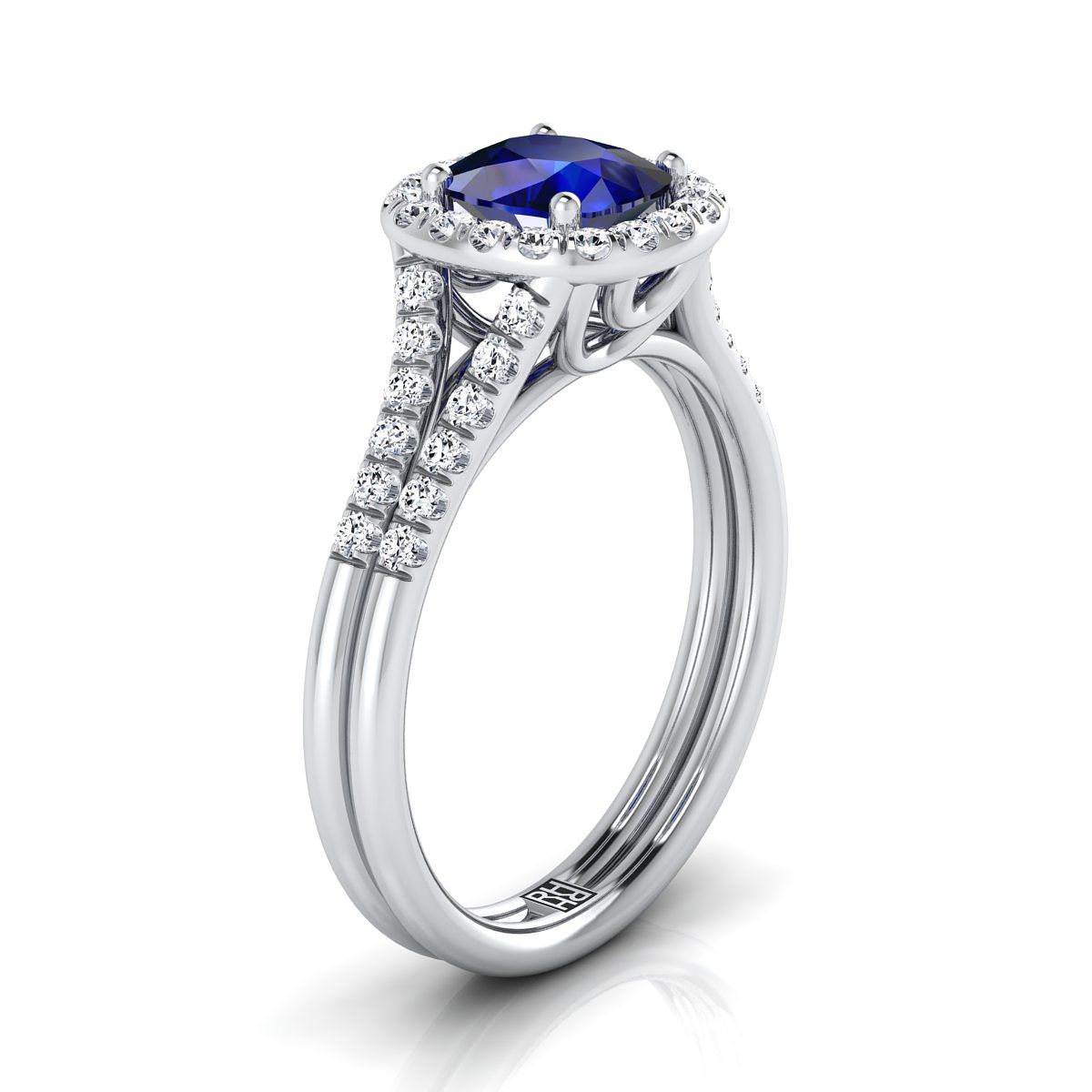 แหวนหมั้นทองคำขาว 18K ทรงหมอน ฝรั่งเศสประดับเพฟ แยกชั้น ฮาโล - 3/8ctw