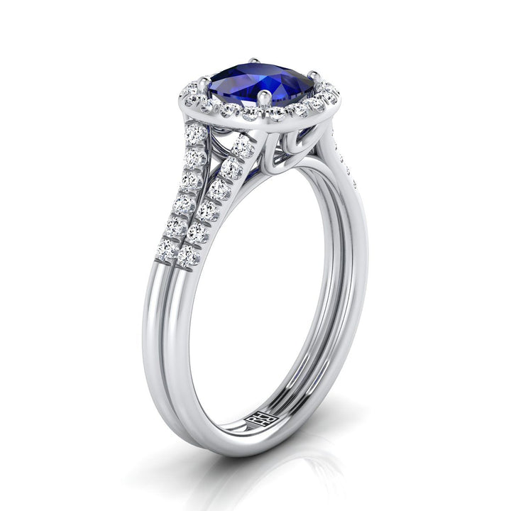 14K White Gold Cushion French Pave Split Shank Halo Engagement Ring -3/8ctw