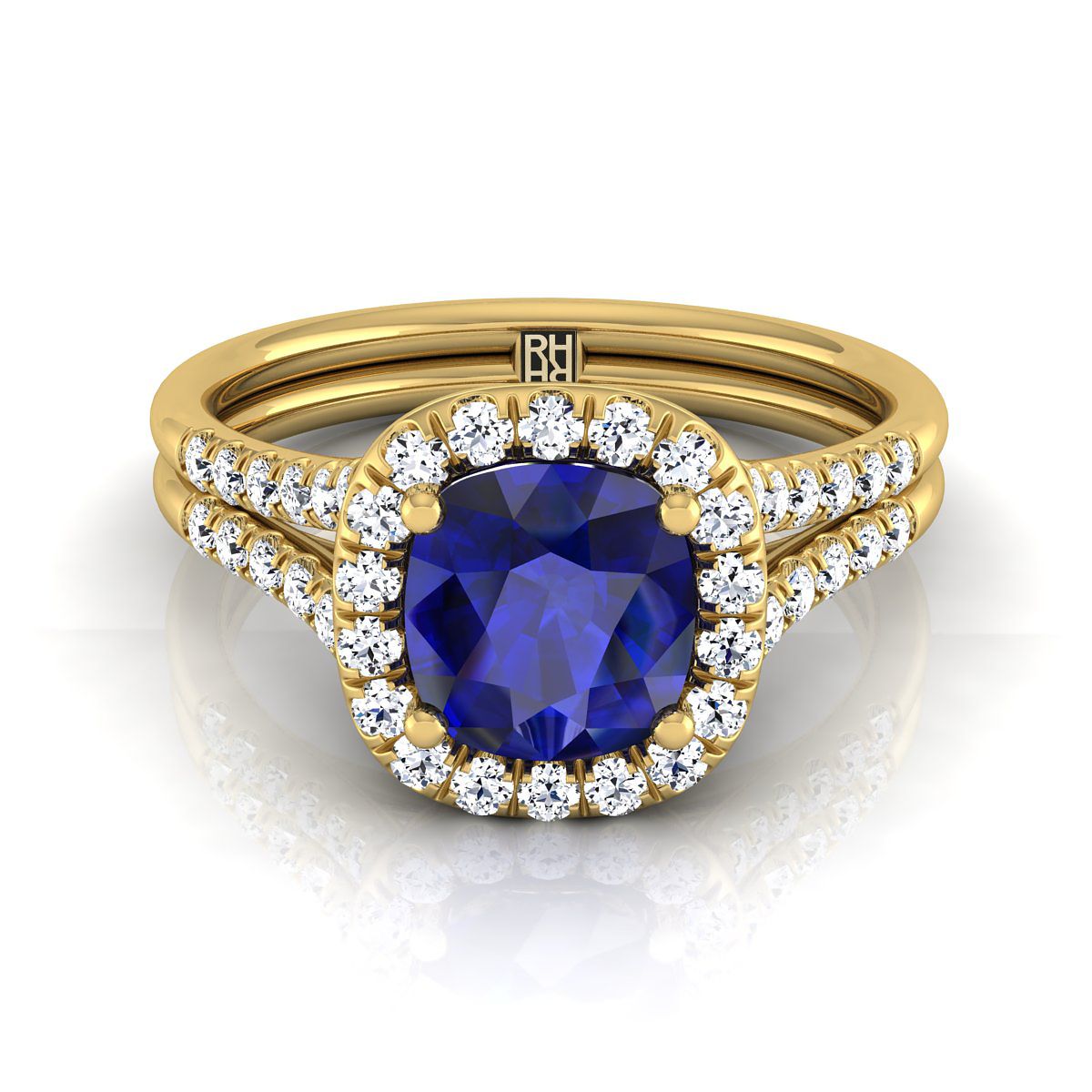 แหวนหมั้นทองคำเหลือง 18K ดีไซน์หมอน ฝรั่งเศสประดับเพชรแบบปาเว่ แยกชิ้นแบบฮาโล - 3/8ctw